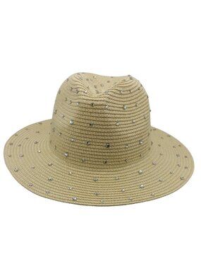 Illuma Straw Fedora Wide Brim Hat Beige with Rhinestones - NEW